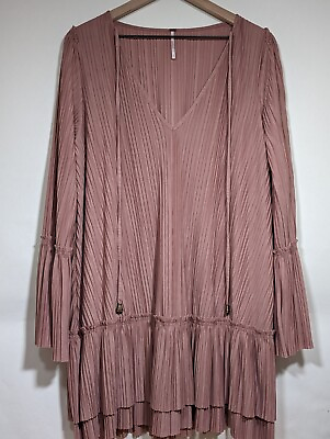 #ad Free People Can’t Help It Boho Dress MEDIUM Pink Clay Bell Sleeve Oversized $32.00