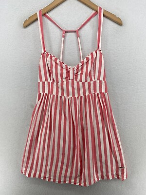 #ad HOLLISTER Sundress Medium Mini Striped Sweetheart Smocked Sleeveless Pink White $22.99