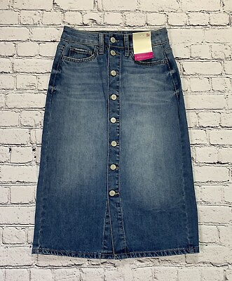 #ad NWT So Jean Skirt Womens Size 3 26W Blue Button Front Straight Midi Denim Skirt $22.99
