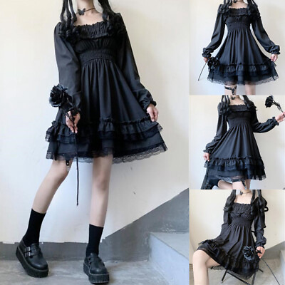#ad Lolita Princess Dress High Waist Puff Sleeve Lace Ruffles Gothic Black Dress $23.56