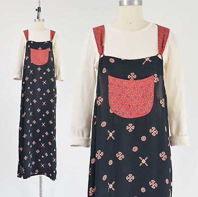 #ad Vintage 90s Black Pinafore Maxi Dress Long Overalls Boho Cottagecore M L $58.00