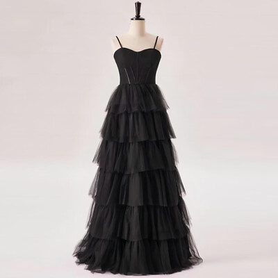 #ad Spaghetti Straps Black Tiered Ruffles Long Maxi Dress Formal Evening Party Gowns $75.99