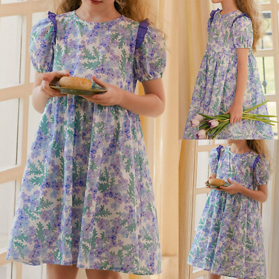 #ad Kid Children Girls Floral Printed Mesh Short Puff Sleeve Sundress Party Gowns $23.39