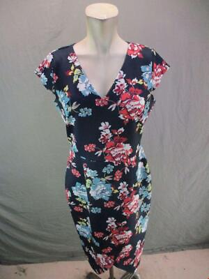 Sears Size M Womens Navy Floral Short Sleeve V Neck Midi Sheath Dress 3Y625 $18.99
