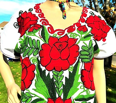 Mexico Peasant White Dress Red Big Flowers Embroidered Bohemian Plus Sizes $64.95