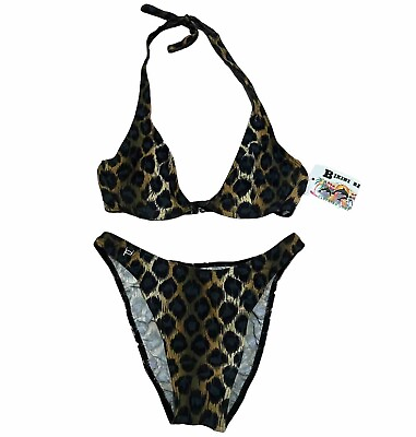 #ad Vintage Pilpel Brown Leopard Animal Print Bikini 2 Piece Summer Set Hi Waisted $40.00