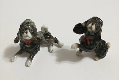 2 Vintage Poodle Dog Miniature Figurines W Red Ribbons Bone China Porcelain $13.99