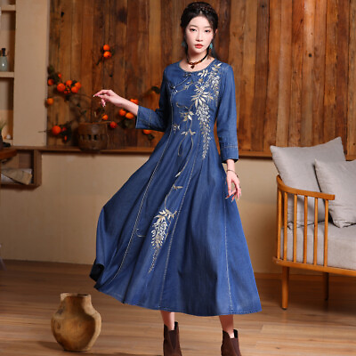 #ad New Women#x27;s Denim Dress Plus Size Embroidered Maxi Long Shirt Dresses A2625 $69.00
