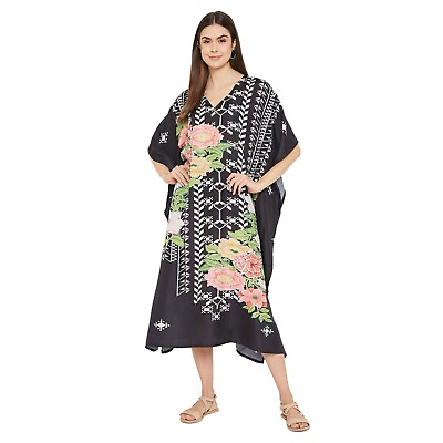 #ad Gypsie Blu Black Floral Kaftan Long Plus Size Maxi Dress Summer Beach Sundress $15.49