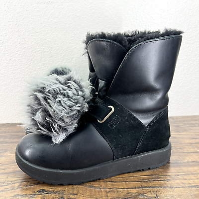 #ad UGG Womens Boots Size 7.5 Isley Black Leather Pom Pom Sherpa Shearling Fur Lined $44.88
