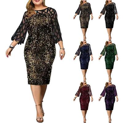 #ad Plus Size Womens Sexy Sequin Mesh Sleeve Dress Cocktail Evening Party Dresses $31.69