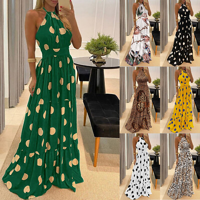 #ad Womens Summer Sleeveless Polka Dot A Line Long Halter Maxi Dresses Sundress Gown $27.19