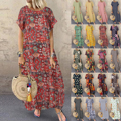 #ad Womens Summer Short Sleeve Floral Baggy Casual Loose Kaftan Maxi Dress Plus Size GBP 17.42