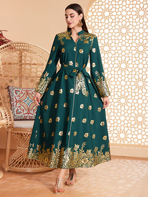 #ad Dubai Muslim Women Printed Long Maxi Dress Abaya Kaftan Arab Party Evening Gown $31.30