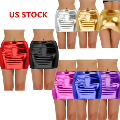 US Women Metallic Patent Leather Bodycon Mini Short Pencil Skirts Clubwear Skirt $6.91
