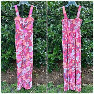 #ad MONTEAU maxi dress size small tropical floral smocked red pink $12.99