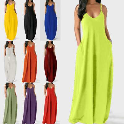 #ad Ladies Long Maxi Dresses V Neck Slip Dress Women Hawaiian Party Sleeveless $20.13