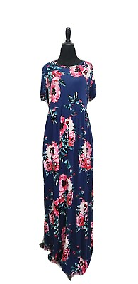 #ad VIISHOW Knit Maxi Dress Size XL Navy Floral Print With Pockets Modest Boho $15.00