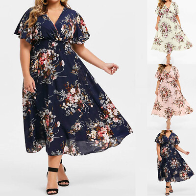 #ad Plus Size Women Summer Floral Swing Dress Ladies Short Sleeve Loose Maxi Dresses $20.42