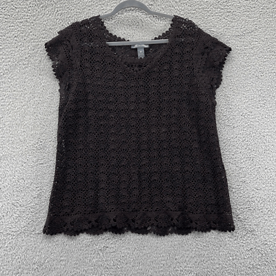 #ad Brown Open Knit Crochet Short Sleeve Top 2X Plus Boho Indie 90s Coastal Hippie $9.44