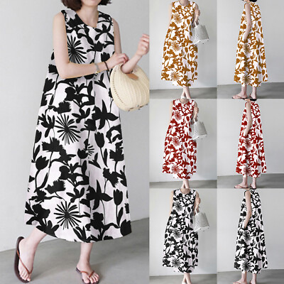 #ad Womens Summer Boho Floral Midi Dress Ladies Holiday Beach Sleeveless Sundress US $22.99