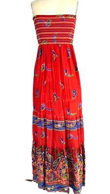 #ad MAGAZINE Maxi Long Dress Smocked Boho Strapless Cotton Small Paisley Floral $34.99