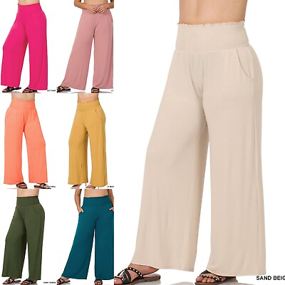 #ad 1X 2X 3X Women#x27;s Plus Size Wide Smocked Waistband Lounge Long Pants Soft Stretch $13.50