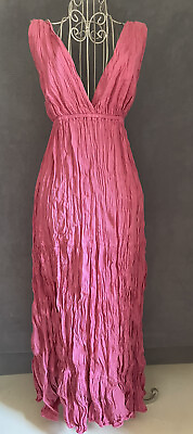 #ad New Handmade 👗Pink Crinkled Maxi Sleeveless Sundress 100%Cotton Free Size $25.99