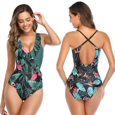 #ad Women One Piece Swimsuit V Neck Ruffled Lace Up Bikini Swimwear Bathing Suit $12.34