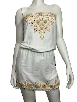 #ad Cynthia Rowley Boho Dress Medium Embroidered Tied Waist Mini Blouson Pullover M $58.00