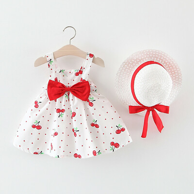 #ad Toddler Baby Kid Girl Sleeveless Dot Holiday Princess Dress Bow Hat Outfits Set $13.99