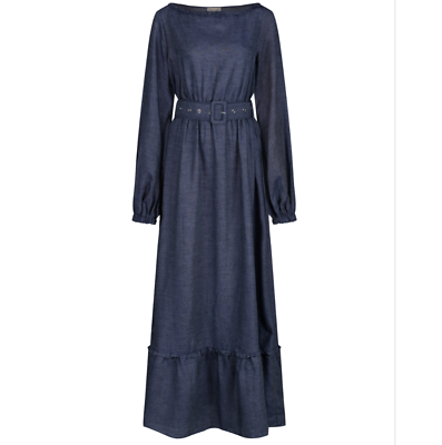 #ad Lindy Bop Maxi Dress Blue Denim Long Sleeve Belted Retro Western BNWT Size 12 GBP 14.99