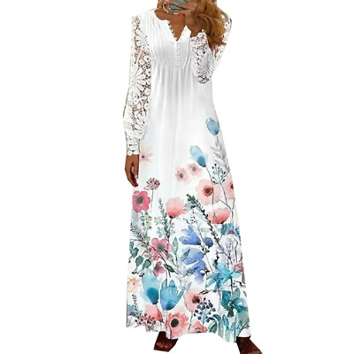 #ad Women#x27;s Casual Sundress Maxi Dress Long Holiday V Neck Lace Long Sleeve Dress $34.75