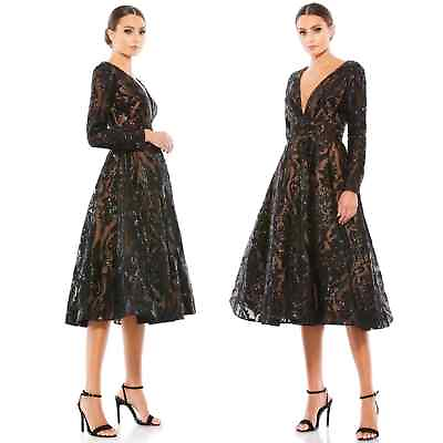 #ad MAC DUGGAL 67529 Sequin Embellished A Line Cocktail Dress Midi Black Size 10 NEW $398.00