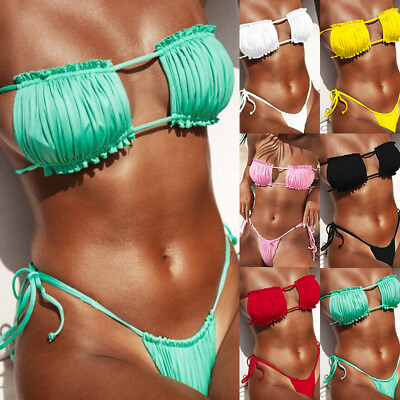 #ad Womens Bandage Swimwear Padded Bra Thong Bikini Set Ladies Beachwear Swimsuit $18.19