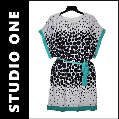 #ad Studio One Dress Size XL Woman Multicolored Shift Short Sleeve Polka Belt $27.75