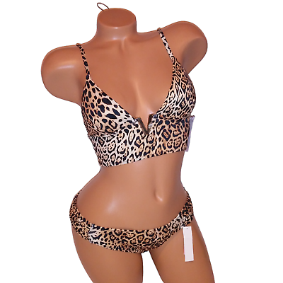 #ad Victoria Secret Swim Bikini Small Top amp; Bottom Leopard Animal Print V Center New $79.99