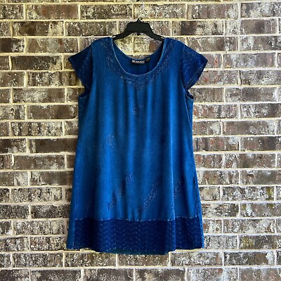 Raya Sun Women#x27;s Embroidered Boho Dress Short Sleeves Lace Trim Blue Size 1X $15.89