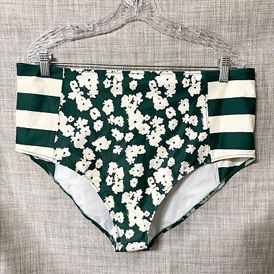 #ad Tanya Taylor Bikini Bottom Womens 3X Green White Floral Striped KAIA Swimwear $14.96