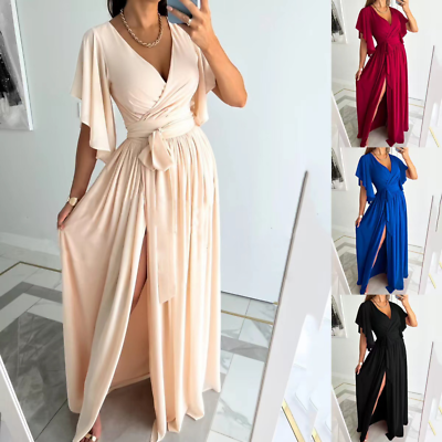Womens Ball Gown Sexy V Neck Loose Flare Sleeves Belt Slim Fit Long Dress Party $27.58