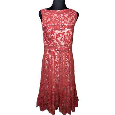 #ad Tadashi Shouji Lace Shift Cocktail Dress Size 6 Deep Salmon Midi Sleeveless $78.00