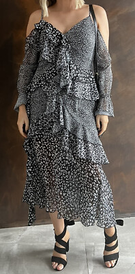 ASILIO Women Animal Print Ruffle Midi Dress Size 10 Cocktail Wear RRP $400 AU $120.00