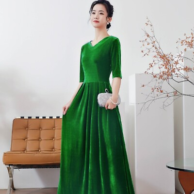 #ad Formal Lady Velvet Maxi Dress Long Sleeve Pleated Cocktail Evening Elegant Dress $37.59