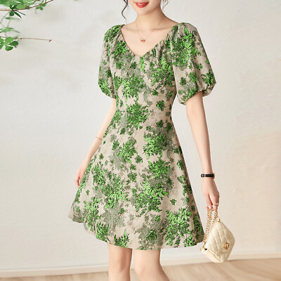#ad Sweet V neck Bubble Sleeve Dress Womens Green Floral Back Bow Tie Party Dresses $74.14