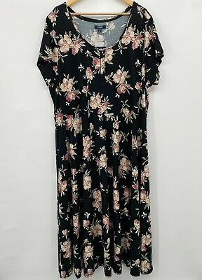 Chaps Womens Dress Plus Size 3X Black Stretch Floral Maxi Short Sleeve Shift New $46.99