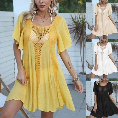 #ad #ad Women Beach Cover Up Crew Neck Swimsuit Coverup Ladies Holiday Casual $21.99