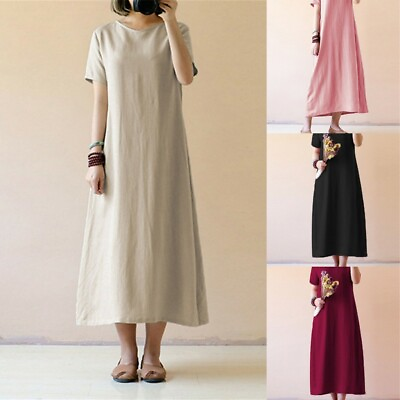 #ad Women Dress Round Neck Cotton Linen Loose Casual Short Sleeve Long Maxi Dresses $19.19