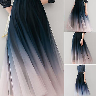#ad Elegant Maxi Skirt Women A line Gradient Color Tulle for High Waist Pleated $16.89