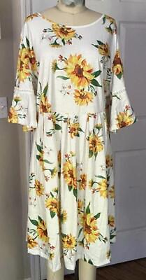 #ad Sunflower Print Plus Sz 22 Soft Stretchy Casual Knee Length Dress Side Pockets $15.00