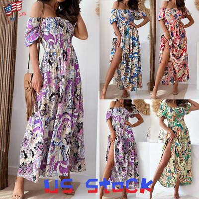 #ad Plus Size Women#x27;s Off Shoulder Maxi Dress Summer Casual Floral Holiday Sundress $14.89